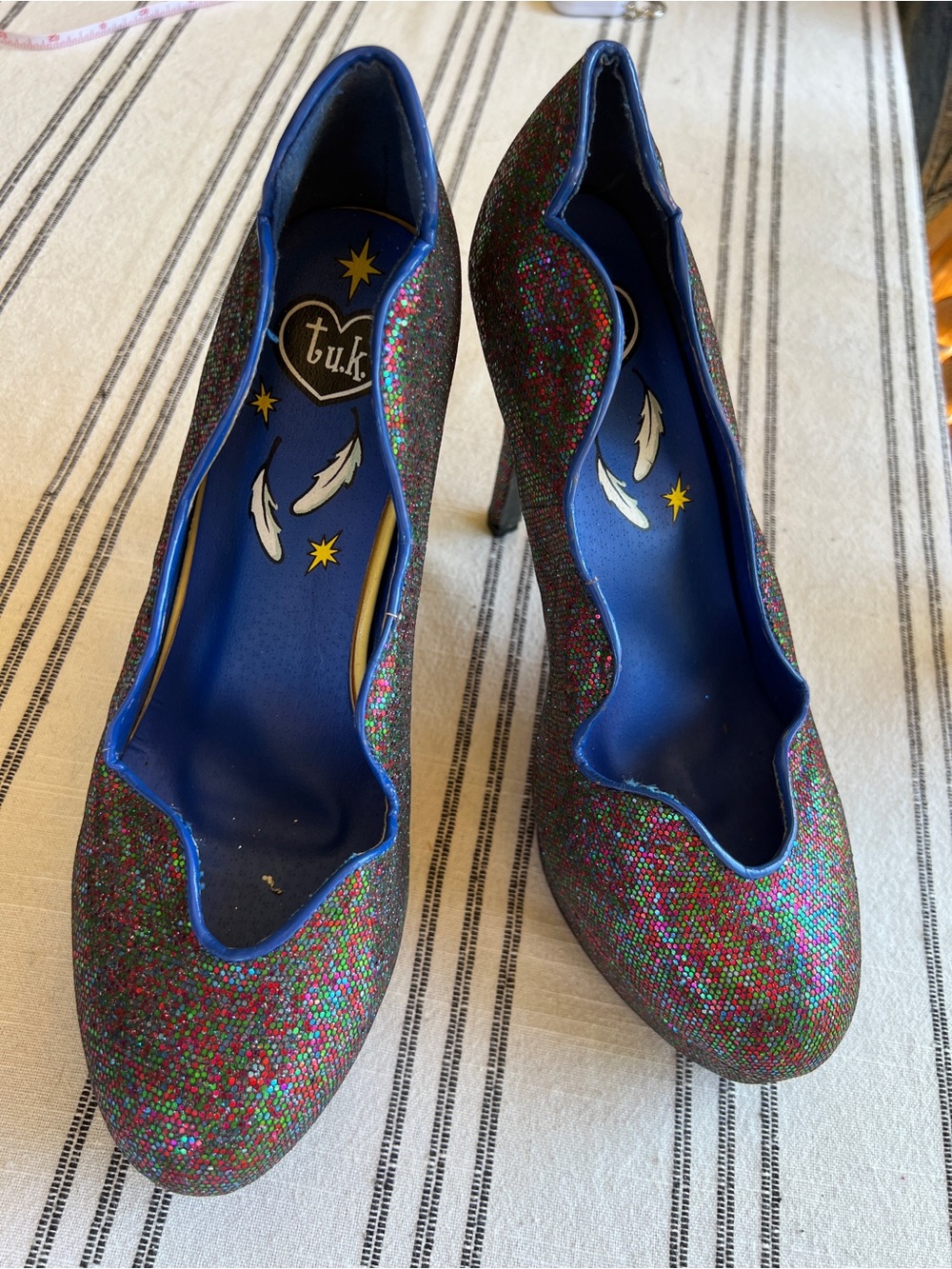T.U.K Multicolor Glitter Scalloped Heel Pumps. No marked size but measures 10.